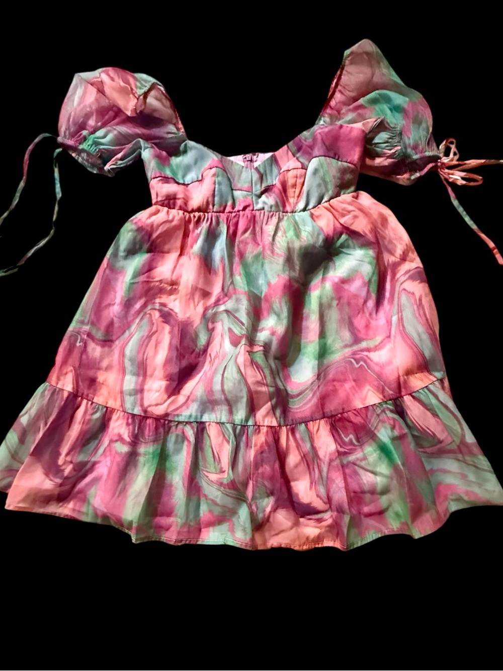 Amanda Uprichard Sicily Mini Dress Pink Blue Green Marble Print Puff Sleeves - Picture 4 of 6